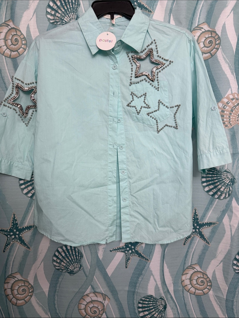 Pastels Mint Green Button-Down Shirt with Studded Star Appliqués